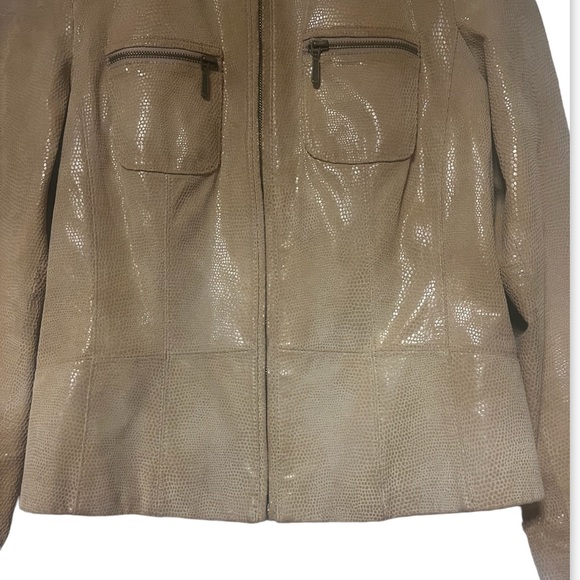 Alfani Embossed Leather Zip Up Long Sleeve Jacket Tan/Zippered Pockets M - Picture 9 of 15